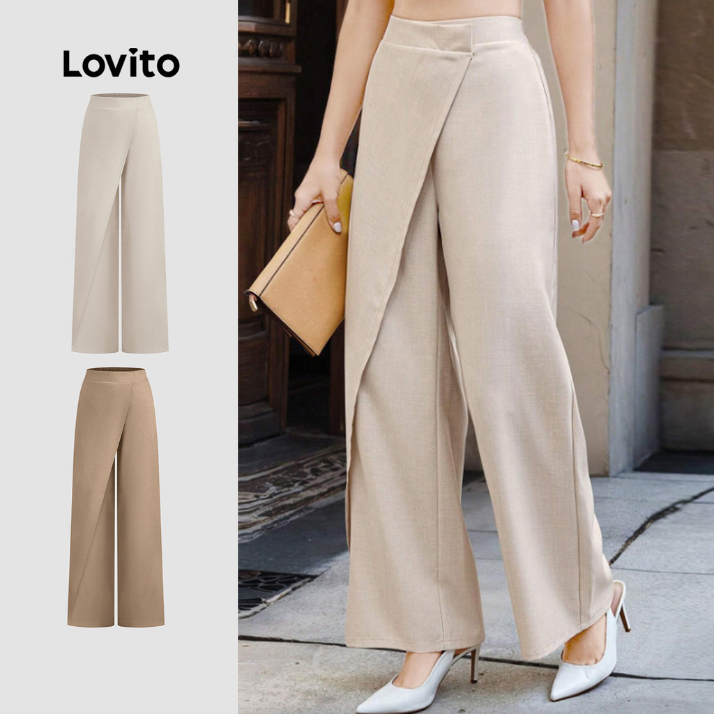 Lovito กางเกงขายาวทรงสวยหรูสำหรับฤดูใบไม้ผลิ/ฤดูร้อน ทรงไม่สมมาตร สีแอปริคอท สำหรับผู้หญิง L171AD071