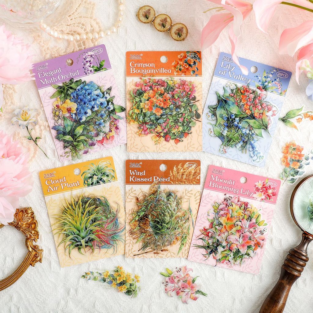 Journamm 20PCS ดอกไม้โปร่งใส PET สติกเกอร์แพคเกจ DIY ไดอารี่สติกเกอร์ตกแต่งอัลบั้ม Scrapbooking Junk Journal สติกเกอร์