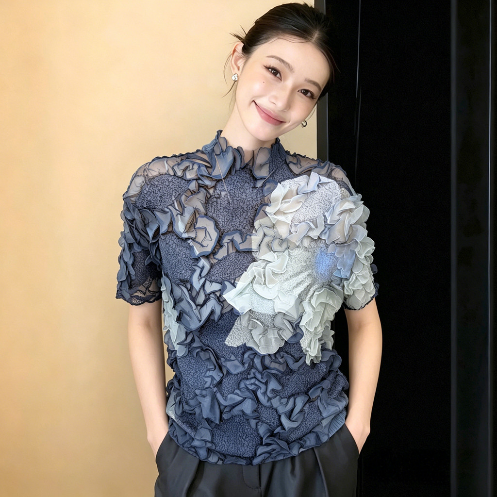 Miyake เสื้อยืดแขนสั้นผู้หญิง 2026 ฤดูร้อนเวอร์ชั่นเกาหลีการออกแบบหลวมรู้สึกจีบดอกไม้ Niche Classy All-Match Top