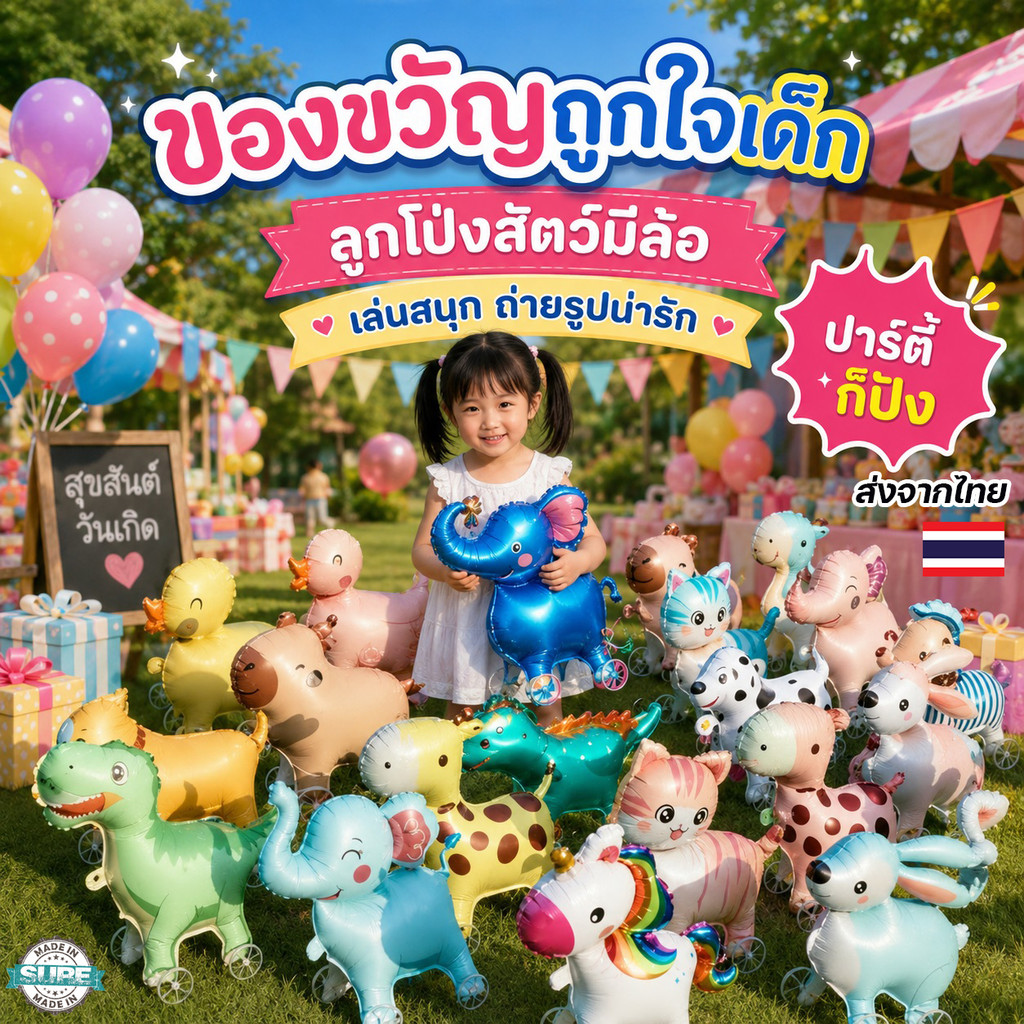 ลูกโป่งฟอยล์สัตว์น่ารัก ของเล่นเป่าลมมีล้อ ลายยีราฟ ช้าง วัว กระต่าย ใช้เล่นในบ้าน สนาม และงานปาร์ตี้