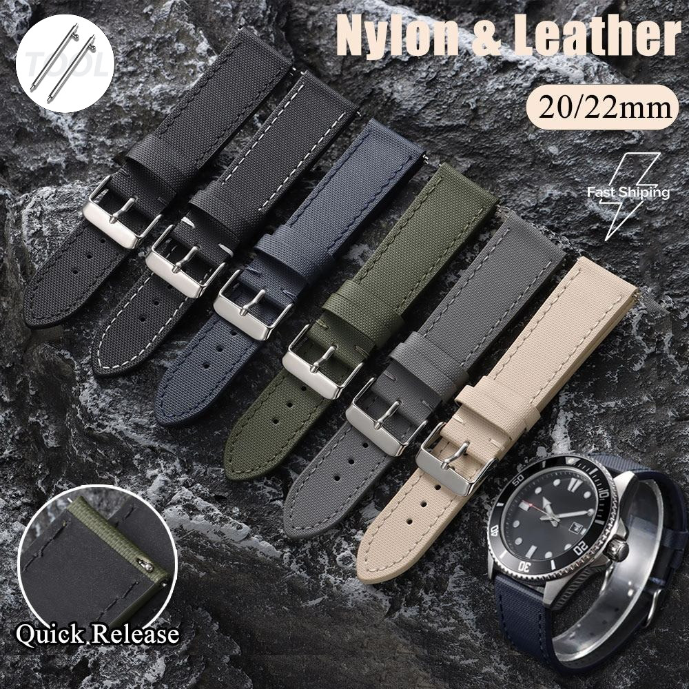 พรีเมี่ยมไนลอนและหนังสายนาฬิกาอัจฉริยะ 20 มม.22 มม. Quick Release Hybrid Sailcloth ไนลอนหนัง Retro สไตล์ทหาร Universal Diver สายนาฬิกา