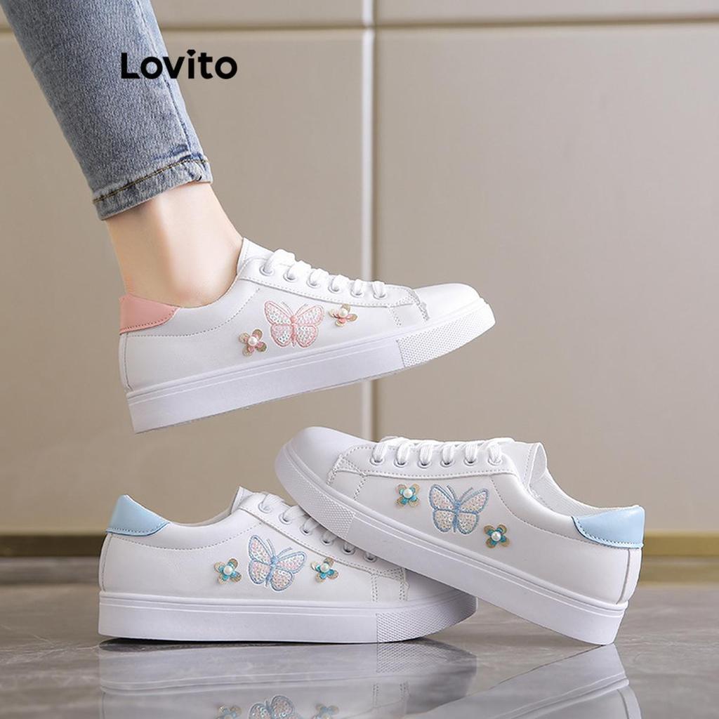 Lovito รองเท้าผ้าใบผู้หญิง ลายผีเสื้อ คัลเลอร์บล็อก กันลื่น สีพื้น สไตล์ลำลอง LFA45502