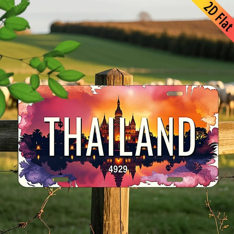2D Flat - 2pcs Vintage "Thailand" Aluminum Sign - 6x12 Inch Retro Metal Wall Decor with Tropical Bea