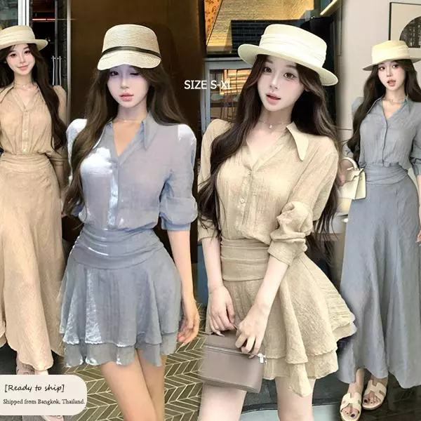 mimi&didi[สินค้าพร้อมส่ง]2 ชุดเสื้อผ้า เสื้อแขนยาวจับคู่กับกระโปรงยาวหรือสั้นก็ได้ ชุดสูทแฟชั่นผู้หญิง OOTD#99455/56/57