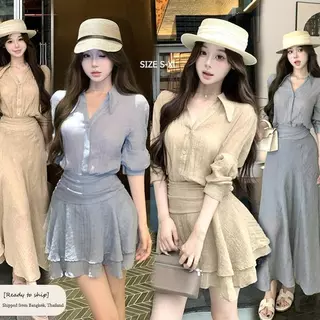 mimi&didi[สินค้าพร้อมส่ง]2 ชุดเสื้อผ้า เสื้อแขนยาวจับคู่กับกระโปรงยาวหรือสั้นก็ได้ ชุดสูทแฟชั่นผู้หญิง OOTD#99455/56/57