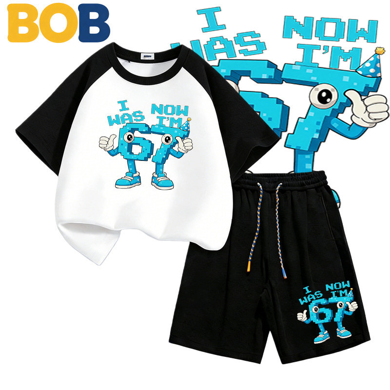 TM [พร้อมส่ง] ชุดเด็กชายkidsเสื้อยืดเด็ก67ลวดลายพิมพ์ เสื้อยืดเด็ก คอตตอน ชุดสูทเด็กผู้ชาย ชุดลำลอง 2 ชิ้น แฟชั่นสำ#T42