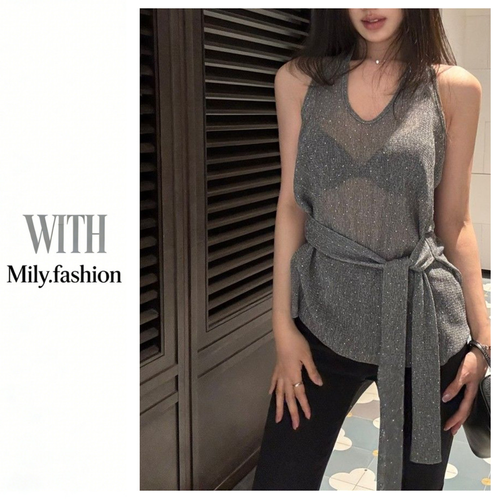 Milyfashion เลื่อมเย็บแขนกุดมุมมองเซ็กซี่ Slim-fit Laced-up Halter ฤดูร้อน Camisole Top PPZ6