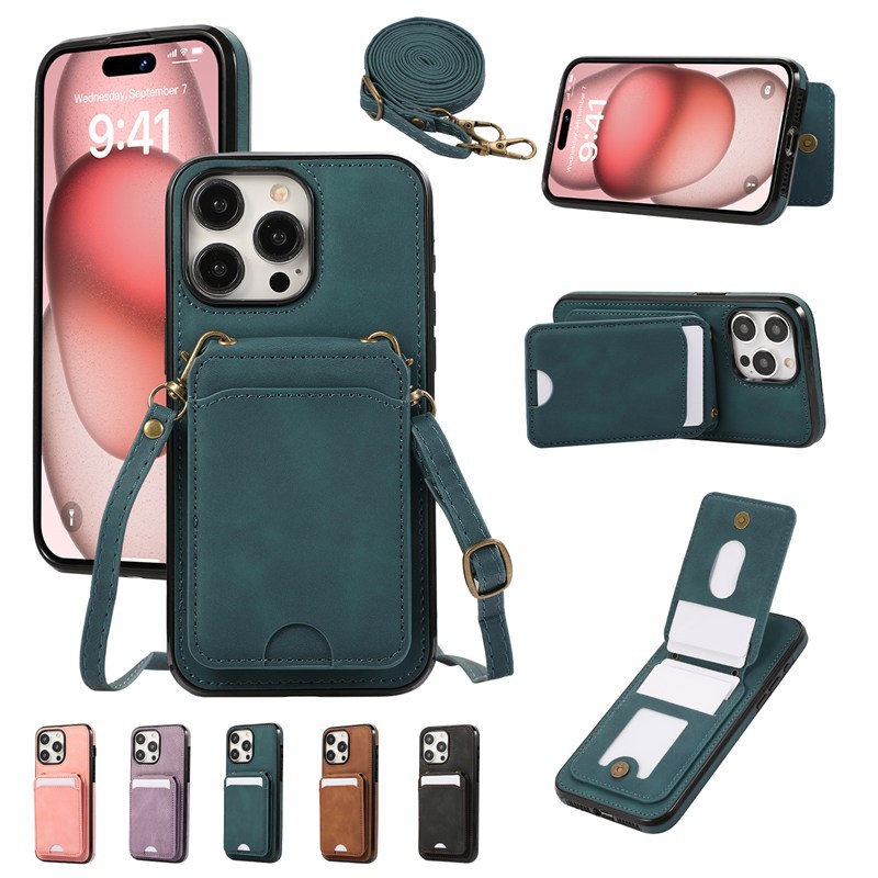 หรูหราCrossbodyสร้อยคอ LanyardซองหนังสําหรับiPhone 11 12 13 14 15 16 17 Pro Max 16E 17E 16 Plusกระเป
