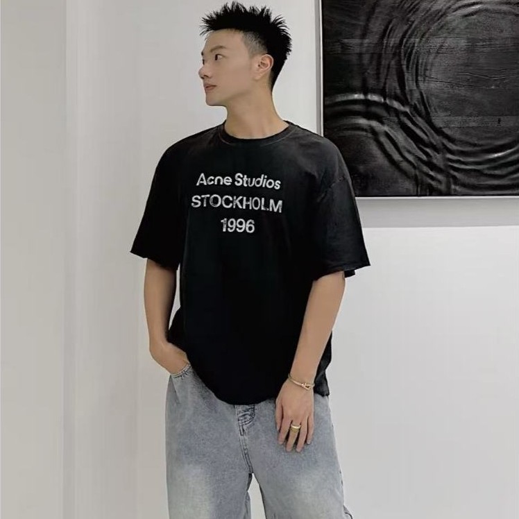 ฤดูร้อนใหม่ เครื่องปรับอากาศ ไล่โทนสีล้าง 1996 จดหมายพิมพ์คอกลมแขนสั้นแฟชั่นสวมใส่-ออกเสื้อยืดผ้าฝ้ายหลวม
