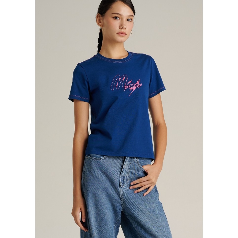 Mc JEANS (แม็คยีนส์) เสื้อยืดผู้หญิง เสื้อยืดแขนสั้น ทรงสลิม Slim Fit T-Shirt สีน้ำเงิน MTTZB80
