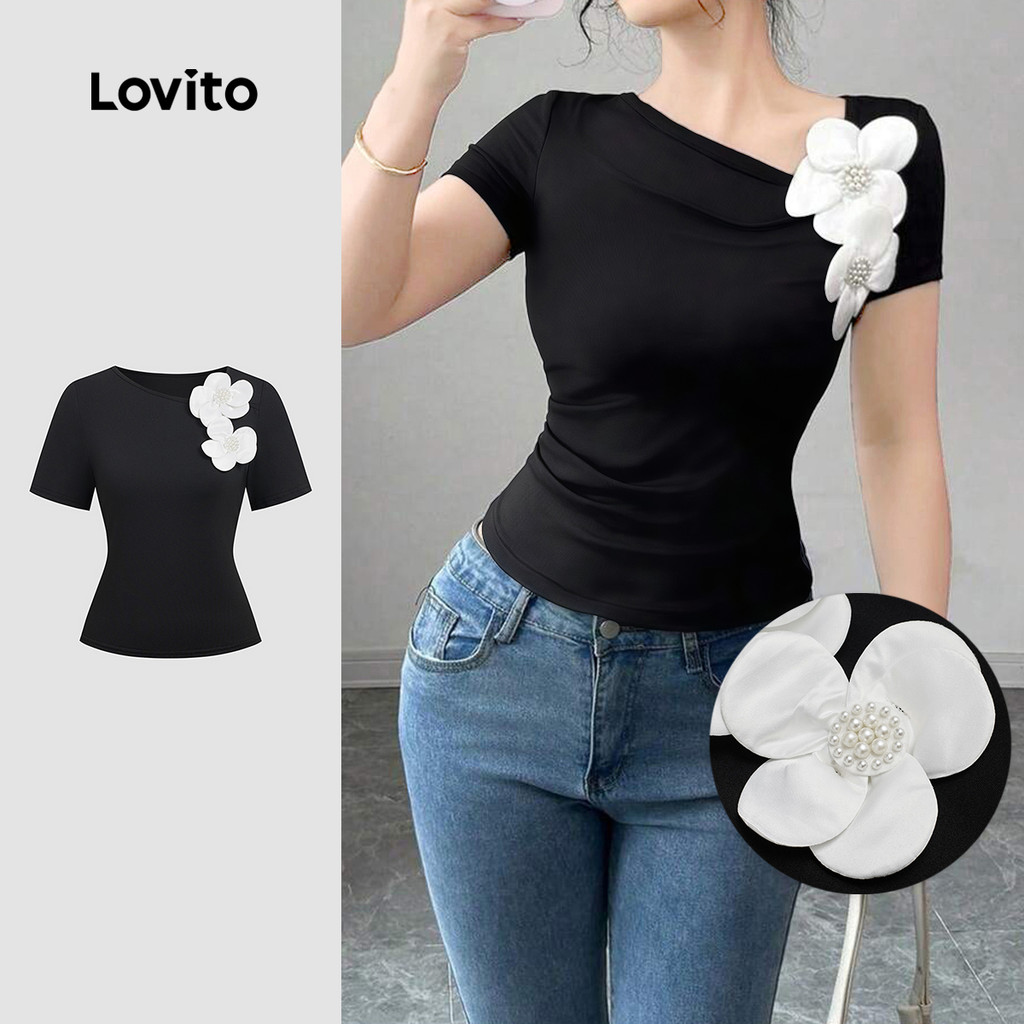 Lovito โบโฮ เสื้อยืด Appliques ฤดูร้อน/ฤดูใบไม้ผลิ เสื้อยืดสีดําสําหรับผู้หญิง L190ED426