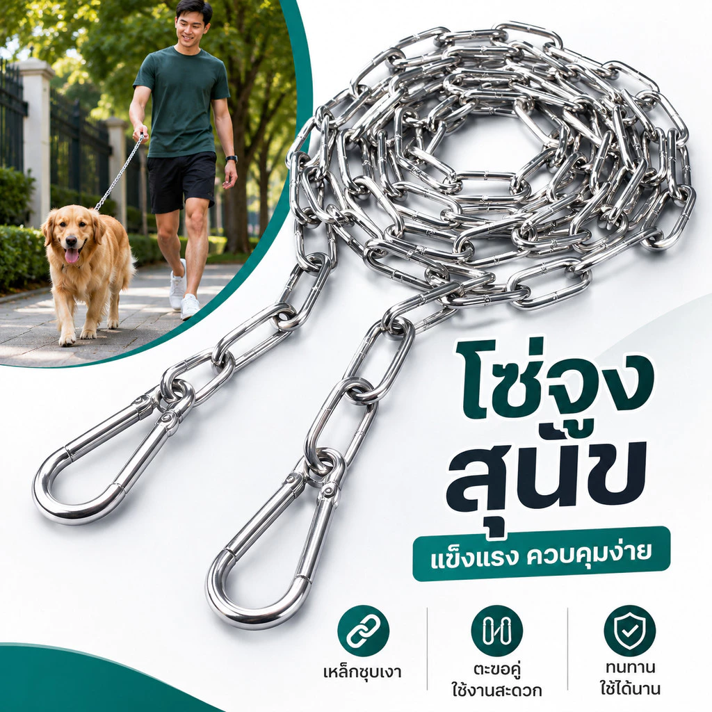 โซ่ล่ามสุนัข 304 สแตนเลส 3มม. มี 2/3/4เมตร ตะขอคู่ เปิดปิดง่าย ทนทาน เหมาะพาเดินและผูกสุนัข COD