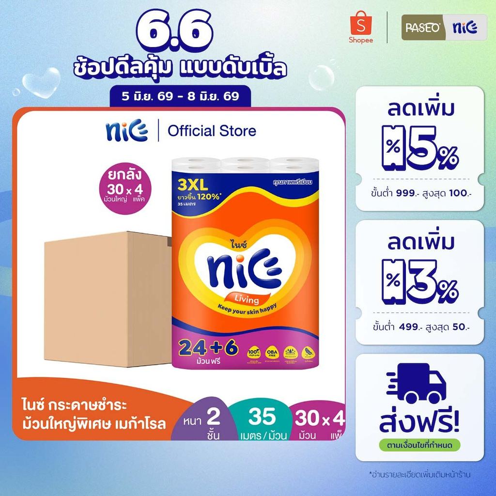 (ยกลัง 4 แพ็ค) Nice ไนซ์ เมก้าโรล กระดาษชำระ ม้วนใหญ่พิเศษ ขนาด 24+6 ม้วน (35ม./ม้วน) (ทิชชู่ กระดาษทิชชู่) x 4