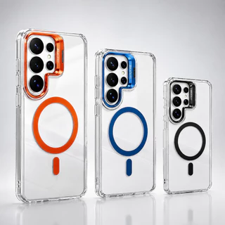 เคสป้องกันอะคริลิคใสแม่เหล็กเหมาะสําหรับ Samsung Galaxy S26 25 S24 S23 S22 Ultra Plus ชาร์จไร้สายที่เข้ากันได้, เคสป้องกันกันกระแทกพร้อมวงเล็บ