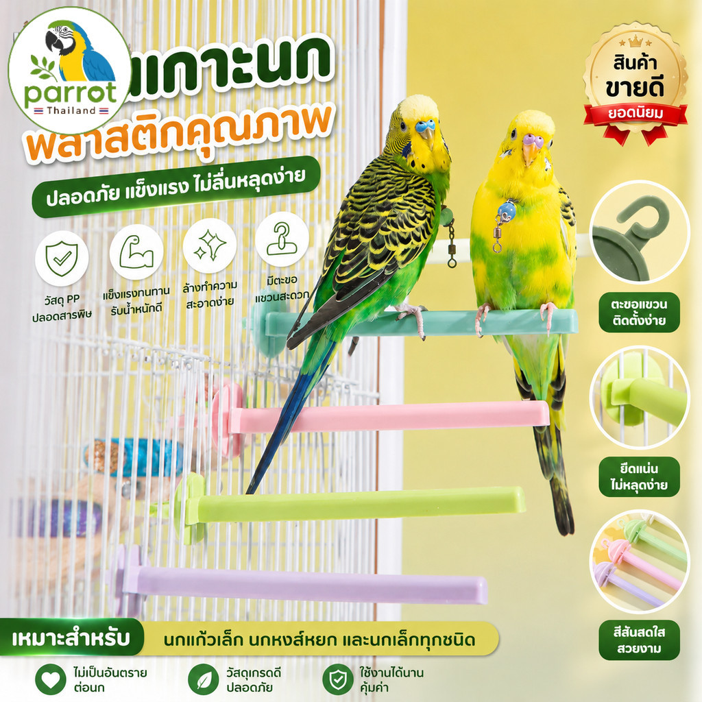 parrot.thailand คอนเกาะนกอเนกประสงค์ เสาตั้งนก พลาสติก PP ปลอดภัย สำหรับนกแก้วเล็กและนกหงส์หยก