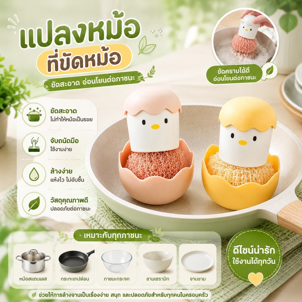 S00009 แปรงขัดหม้อ, แปรงขัดใยหม้อ, แปรงขัดหม้อไก่ขนาดเล็กพร้อมที่จับ, แปรงมัลติฟังก์ชั่น, ขัดหม้อ