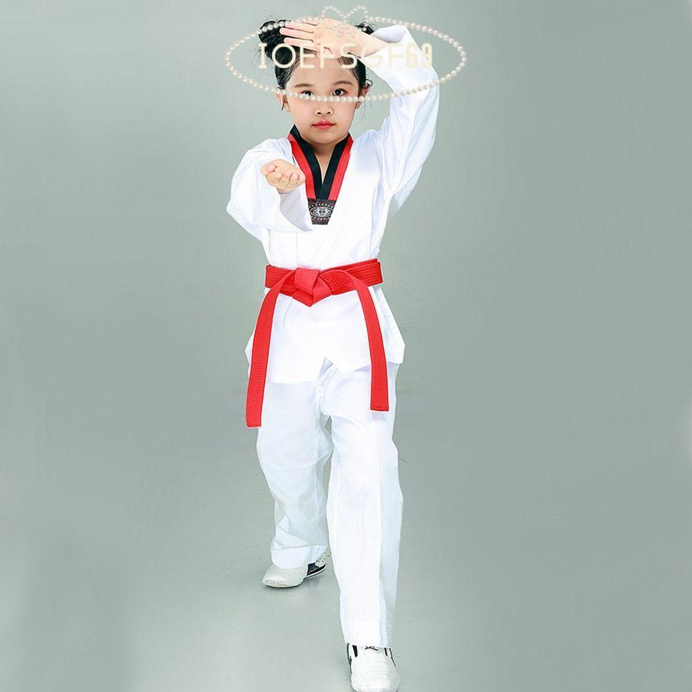IOEFSGF69 เด็ก TKD เครื่องแต่งกาย, V คอผ้าฝ้ายเครื่องแบบเทควันโด, แฟชั่นสีขาวแขนยาว Professional WTF