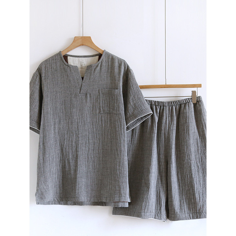 [Muji] Cotton Mens Loungewear Pyjamas Set Pullover V คอ Non-Sense Loungewear Double-Layer เส้นด้ายย้