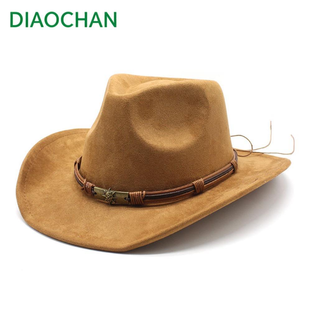 หมวกคาวบอย DIACHATH, หมวก Cowgirl ขอบใหญ่สีทึบ, หนังกลับเทียมวินเทจ Breathable หมวกทุ่งหญ้าประเทศฤดูใบไม้ผลิ