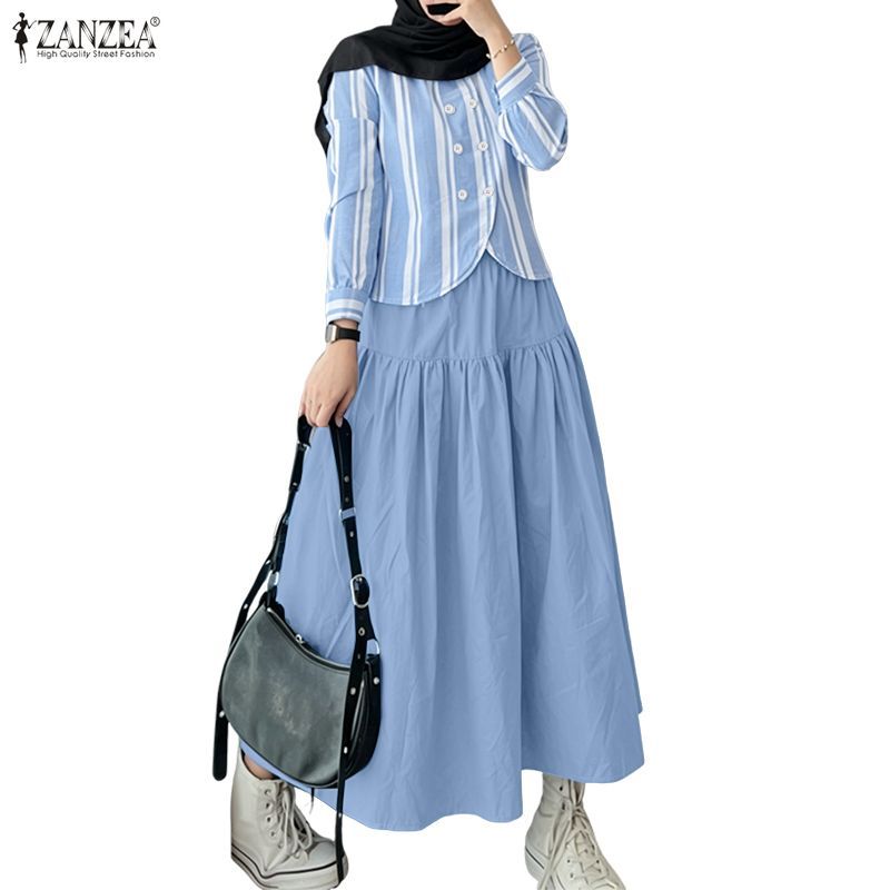 ZANZEA ใส่ ซานเซีย ผู้หญิงมุสลิมฮิญาบ โอ คอแขนยาวลายเสื้อเอวยางยืดกระโปรงสายชุดสองชิ้น