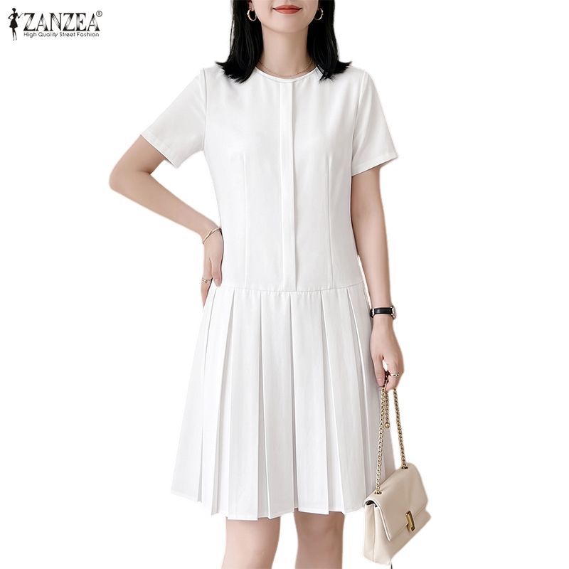 ZANZEA ซานเซีย แฟชั่นสตรีหลวมแข็งแขนสั้น โอ-คอ ชุดเดรสจีบ