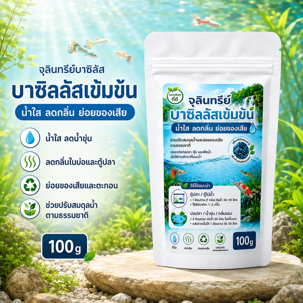 จุลินทรีย์บาซิลัสเข้มข้น 100 กรัม น้ำใส ลดกลิ่น ย่อยขี้ปลา ลดแอมโมเนีย ตู้ปลา บ่อปลา