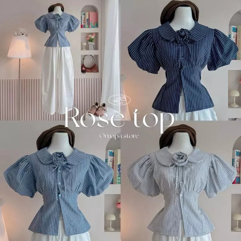 เฉพาะเสื้อเชิ้ต คอบัวแขนบอลลูน แต่งเข็มกลัดกุหลาบ ผ้าคอตตอลกึ่งยีนส์