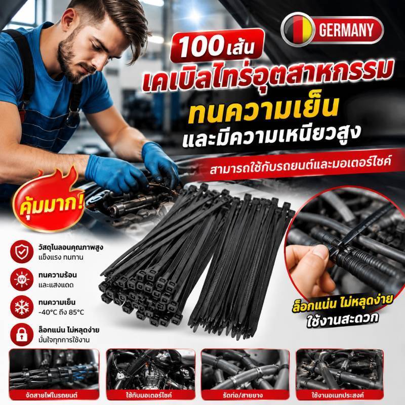 100เส้น สายเคเบิ้ลไทร์ Nylon Cable Tieใช้กับรถยนต์และมอเตอร์ไซค์ได้ หนวดกุ้ง