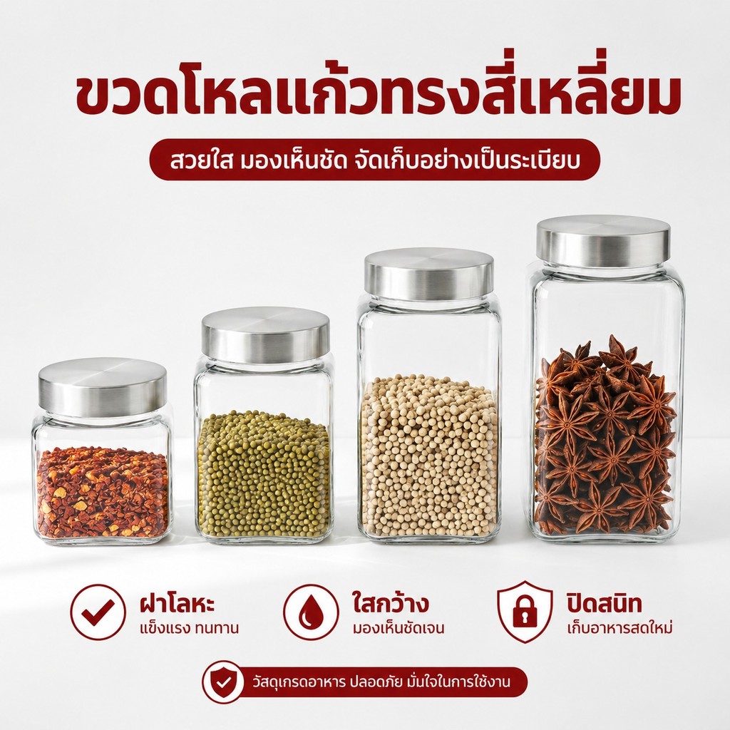 โถแก้วเกรดอาหาร 500/1200มล โถแก้วทรงเหลี่ยมพร้อมฝาสแตนเลส โถเครื่องเทศ โหลปลากัด ของเสียหายสามารถเคลม ขวดแก้ว