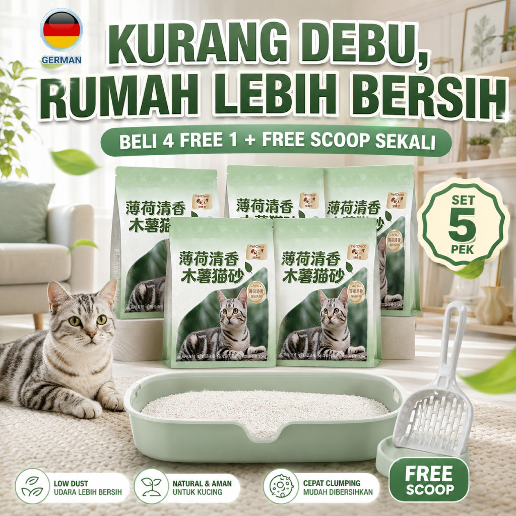 PetClear Wood Sweet Potato Cat Litter 2.5กก.x5 Pack Mint Fragrance Fast Clump ฟรี Scoop