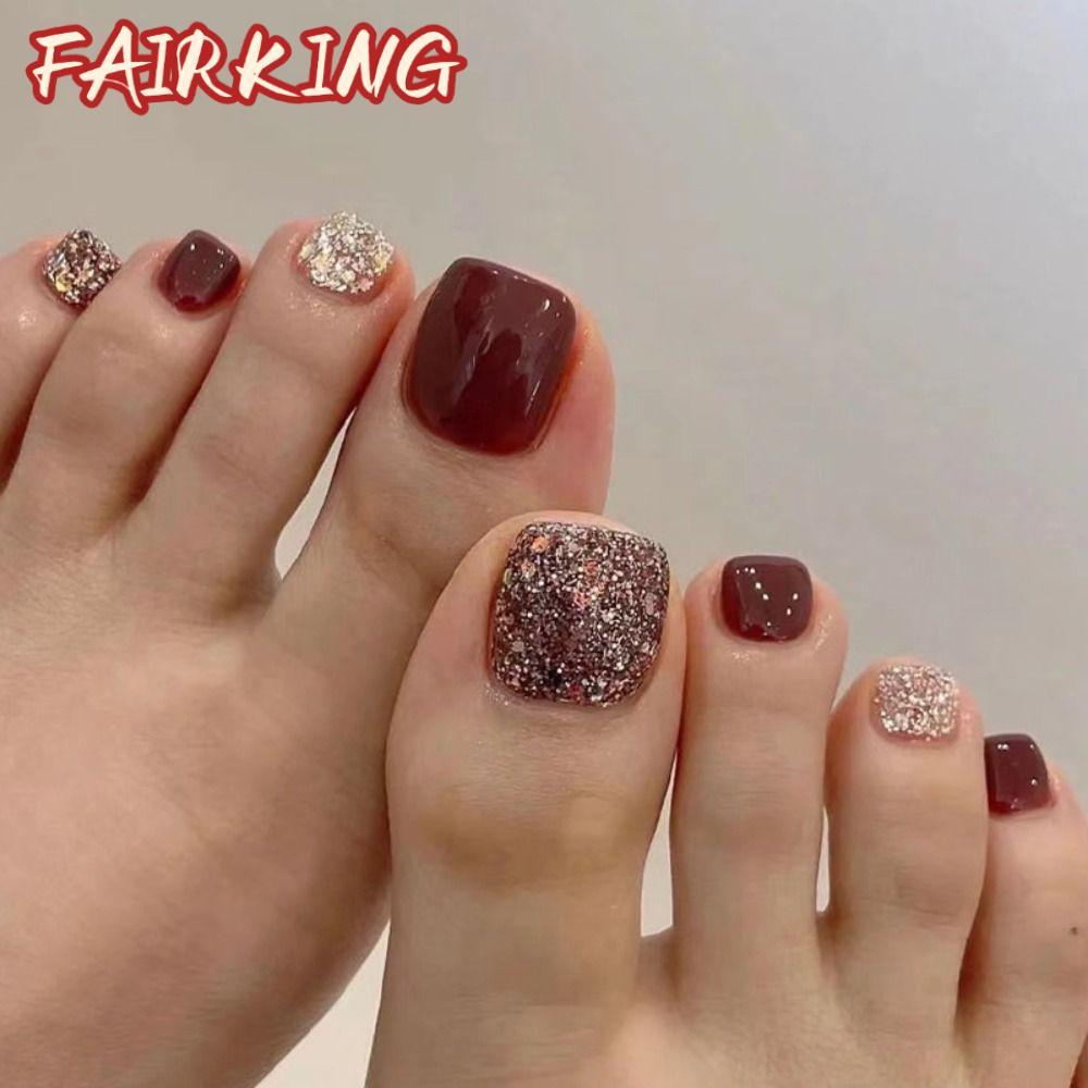 FAIR KING 24 ชิ้นเล็บเท้าปลอมสําหรับผู้หญิงเล็บเท้าสั้นฝรั่งเศส