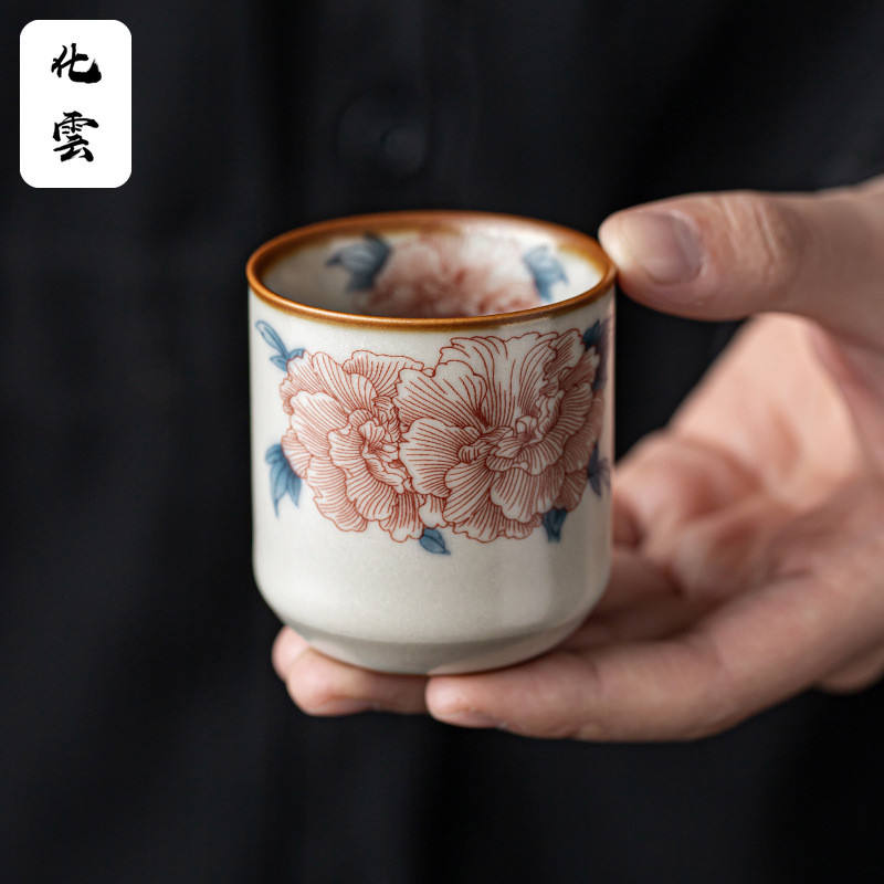 [Huayun] Ru Kiln Hibiscus Flower Straight Body Hand Cup Personal Dedicated Master Cup ถ้วยชาถ้วยชาเซรามิก Kung Fu ชุดชา [RT012-01]