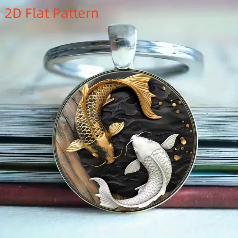 ใหม่ Yin-Yang Tai Chi Good Luck Double Koi Fish Pattern Round Keychain