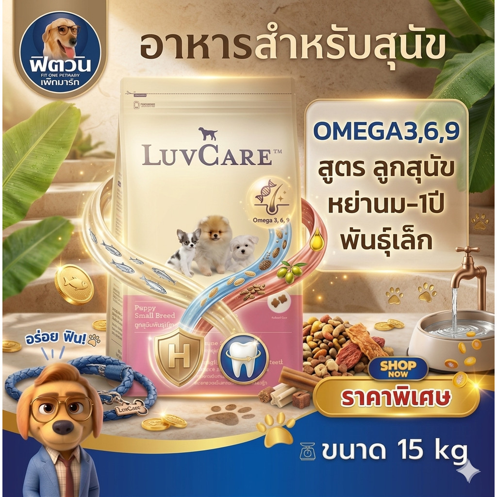 LuvCare ลูกสุนัขพันธุ์เล็ก  สูตร Omega3,6,9 15กิโลกรัม{อาหารสุนัขเม็ด}