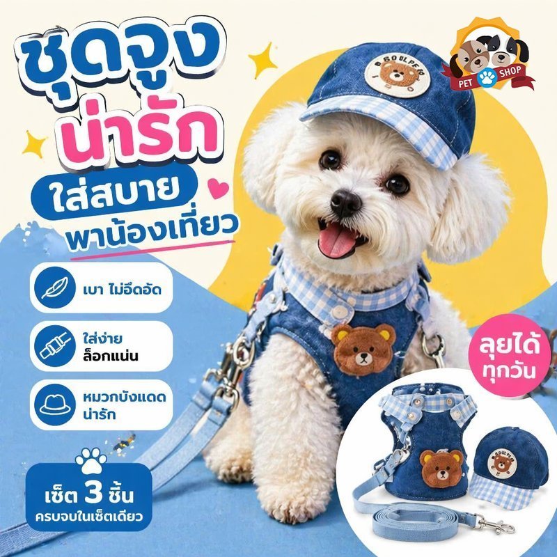 สายจูงสุนัข สายจูงแมว ชุดสายจูงสัตว์เลี้ยง 3in1 สายรัดอก หมวกสัตว์เลี้ยง ระบายอากาศ น่ารัก