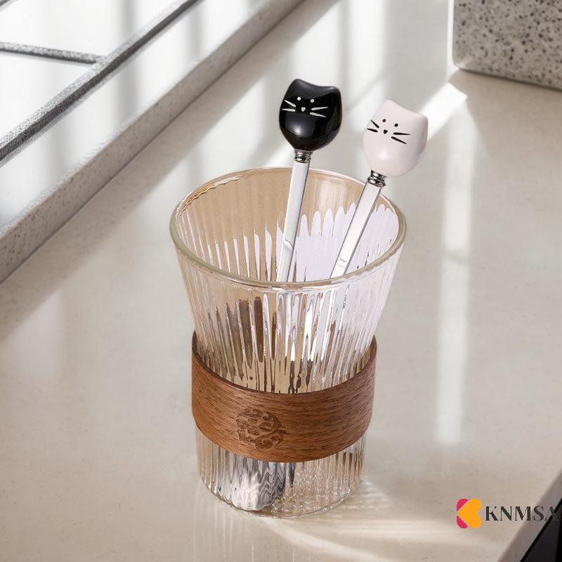 KNMSA การ์ตูนเซรามิคแฟนซีแมวสีขาว ช้อนไอศกรีม สแตนเลส ช้อนกาแฟ Sneck namh