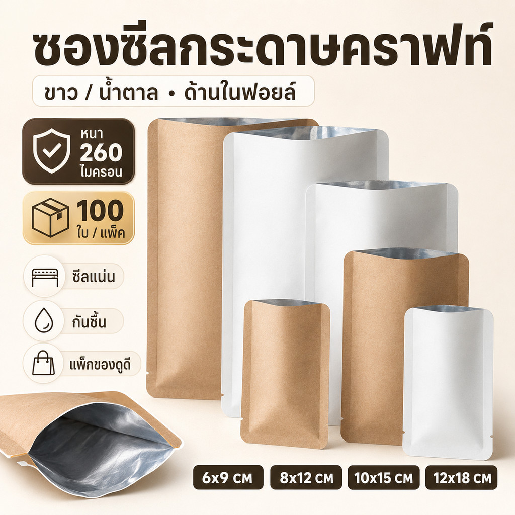 ซองซีลกระดาษคราฟท์ ขาว น้ำตาล ด้านในฟอยล์ ขอบโค้ง 260 ไมครอน (~100 ใบ)