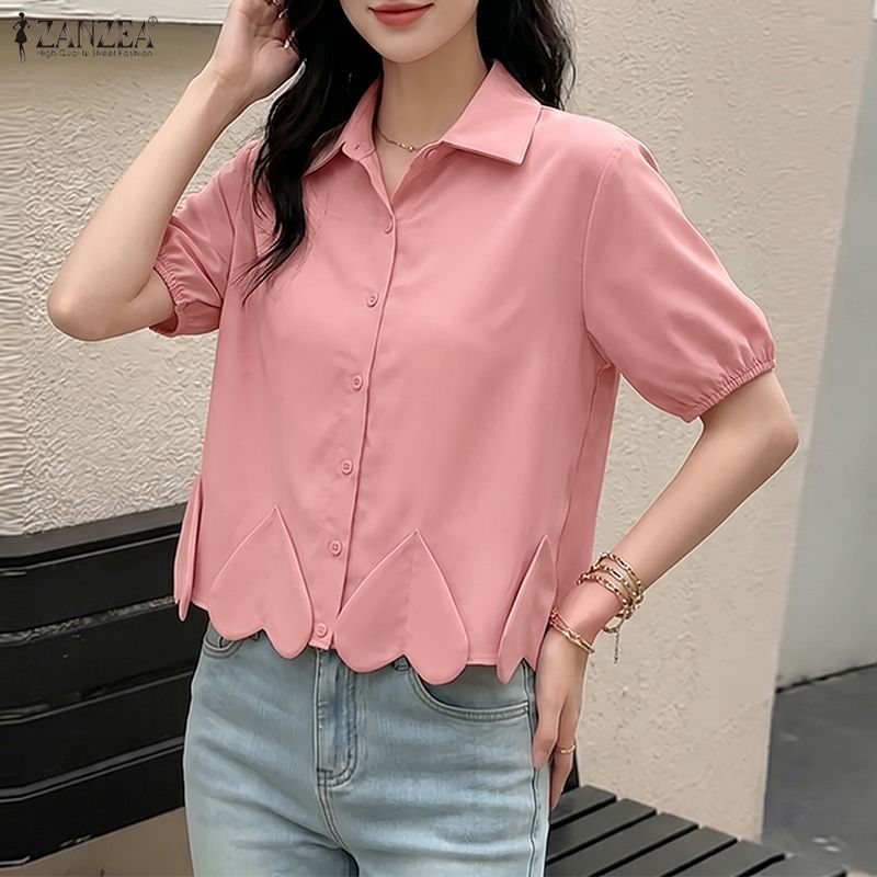 ZANZEA เสื้อผ้าผู้หญิงแฟชั่นลําลองเกาหลี Turn-down Collar แขนสั้น Heart 3D ดอกไม้ตกแต่งเสื้อ — صورة 5