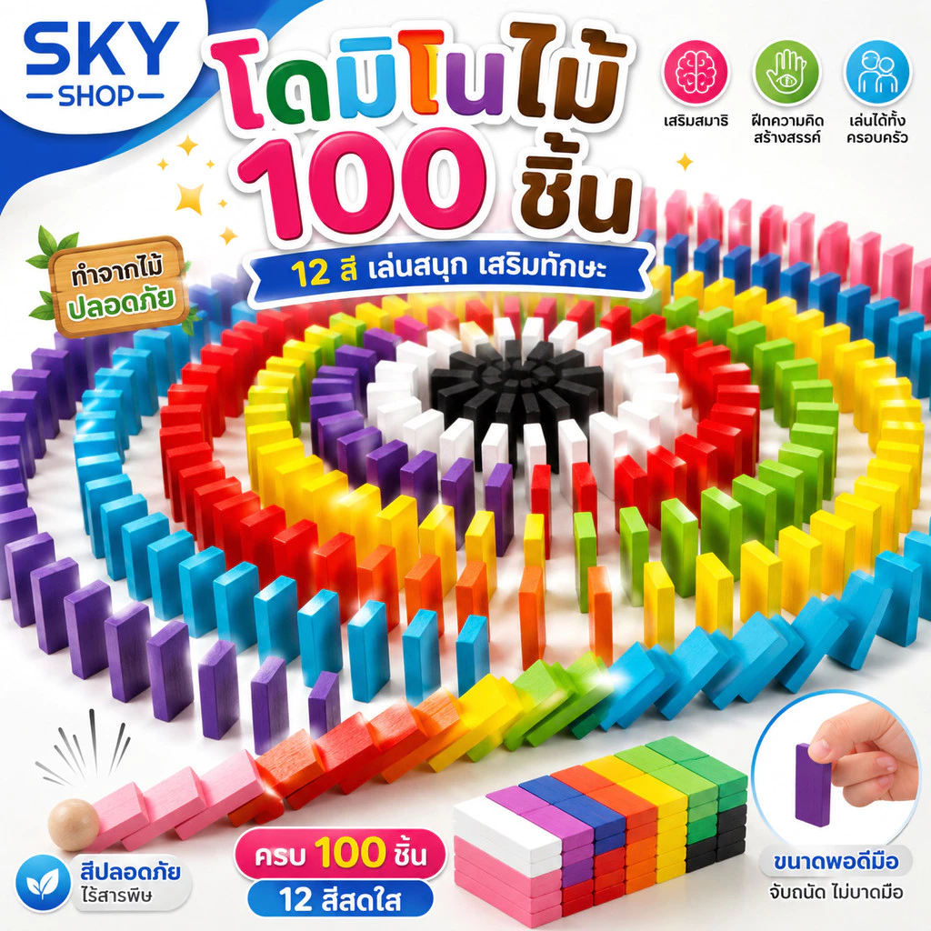 SKY โดมิโนไม้ 100 ชิ้น 12 สี ของเล่นไม้เสริมทักษะ เกมโดมิโน ของเล่นเด็ก ฝึกสมาธิ ความคิดสร้างสรรค์ Wooden Domino Blocks