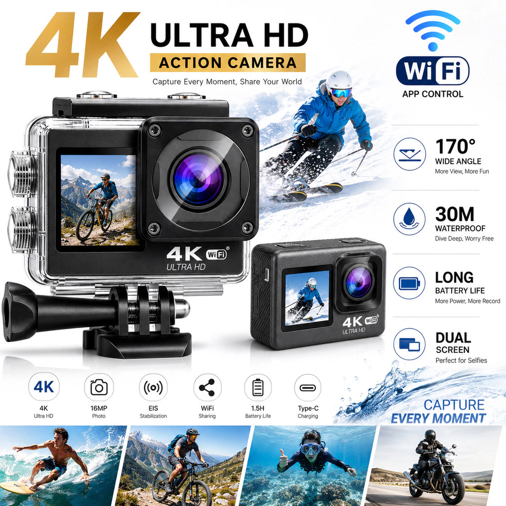 gopro Full HD 4Kกล้องกันน้ำ จอ2.0นิ้ว การบันทึกเสียง/วิดีโอ/การถ่ายภาพด้วยคลิกเดียว ขับเดินทาง ดำน้ำ กันสั่น Action Camera