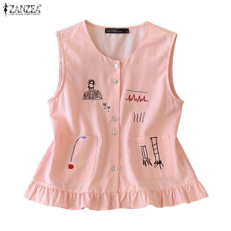 ZANZEA ซานเซีย ผู้หญิงแฟชั่นเกาหลีลําลองรอบคอแขนกุดบทคัดย่อรูปแบบ นัวเนีย ถัง