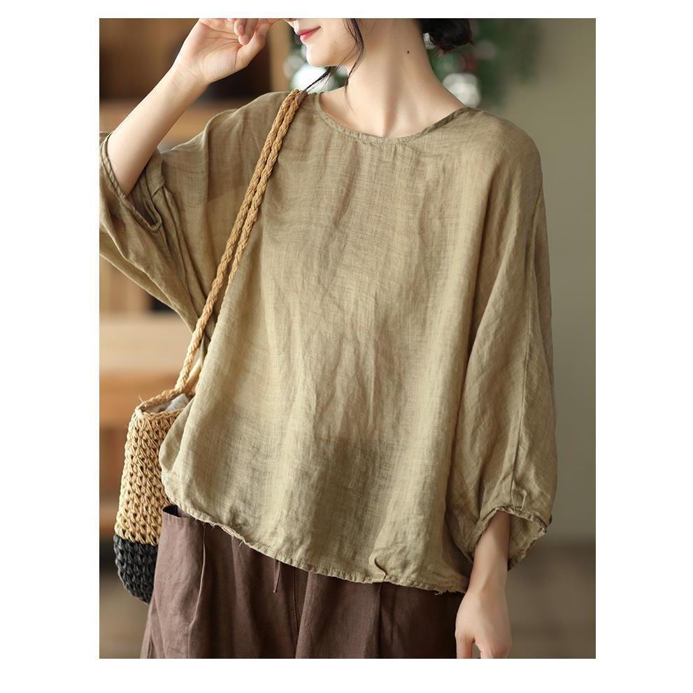 เสื้อท็อปผ้าฝ้ายผสมลินิน แขนทรงปีกค้างคาว (Batwing) รูปที่ 3