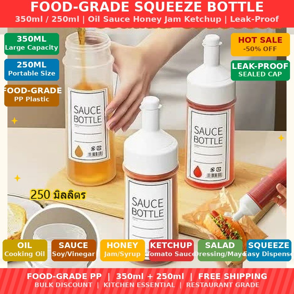 350ml/250ml Plastic Squeeze Bottle with Cap Food-Grade Oil Sauce Dispenser Ketchup Salad Honey Jam Dressing Squeeze Bottle Kitchen Condiment Dispenser Leak-Proof