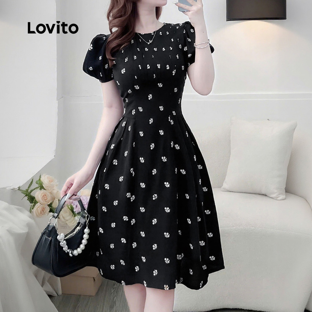 Lovito เดรสลําลองสีดําฤดูใบไม้ผลิ/ฤดูร้อนสําหรับผู้หญิงเนื้อผ้าดี LK2LD358
