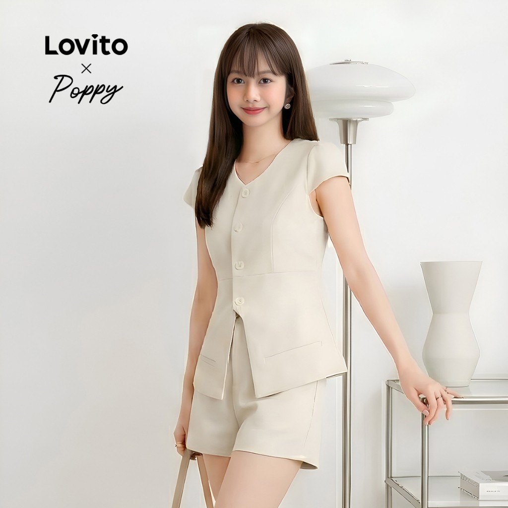 Lovito x Poppy ชุดเซ็ทกางเกงขาสั้น กระดุมหน้า แบบผ่า สีพื้น สไตล์ลำลอง สำหรับผู้หญิง LNM79464