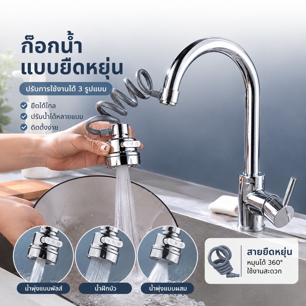 🚿ก๊อกน้ำครัวสแตนเลส พร้อมสปริงเกลอร์ 360°หมุนได้ ฉีดน้ำแรงทะลุทะลวง ทำความสะอาดง่าย✨ S00125