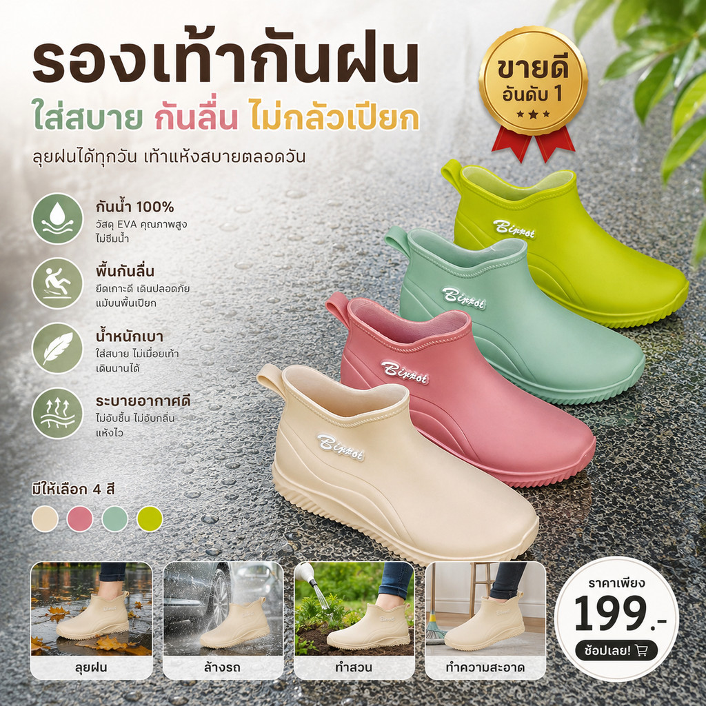 รองเท้าบูทยางกันฝนชายหญิงแบบสั้น กันน้ำ กันลื่น ใส่สบาย สำหรับวันฝนตก เดินทาง และกิจกรรมกลางแจ้ง