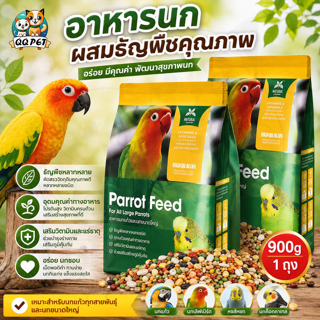 QQPET อาหารสำหรับนก 900g อาหารนกแก้ว อาหารนกผสม ผสมธัญพืช มีคุณค่าทางอาหาร