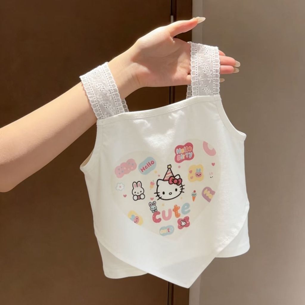 [RJ] ฤดูร้อนสไตล์ใหม่การ์ตูนสาวแฟชั่นเด็กทารกน่ารักปลอมสองชิ้นเสื้อกั๊กแขนกุดเสื้อยืดด้านบนอินเทรนด์