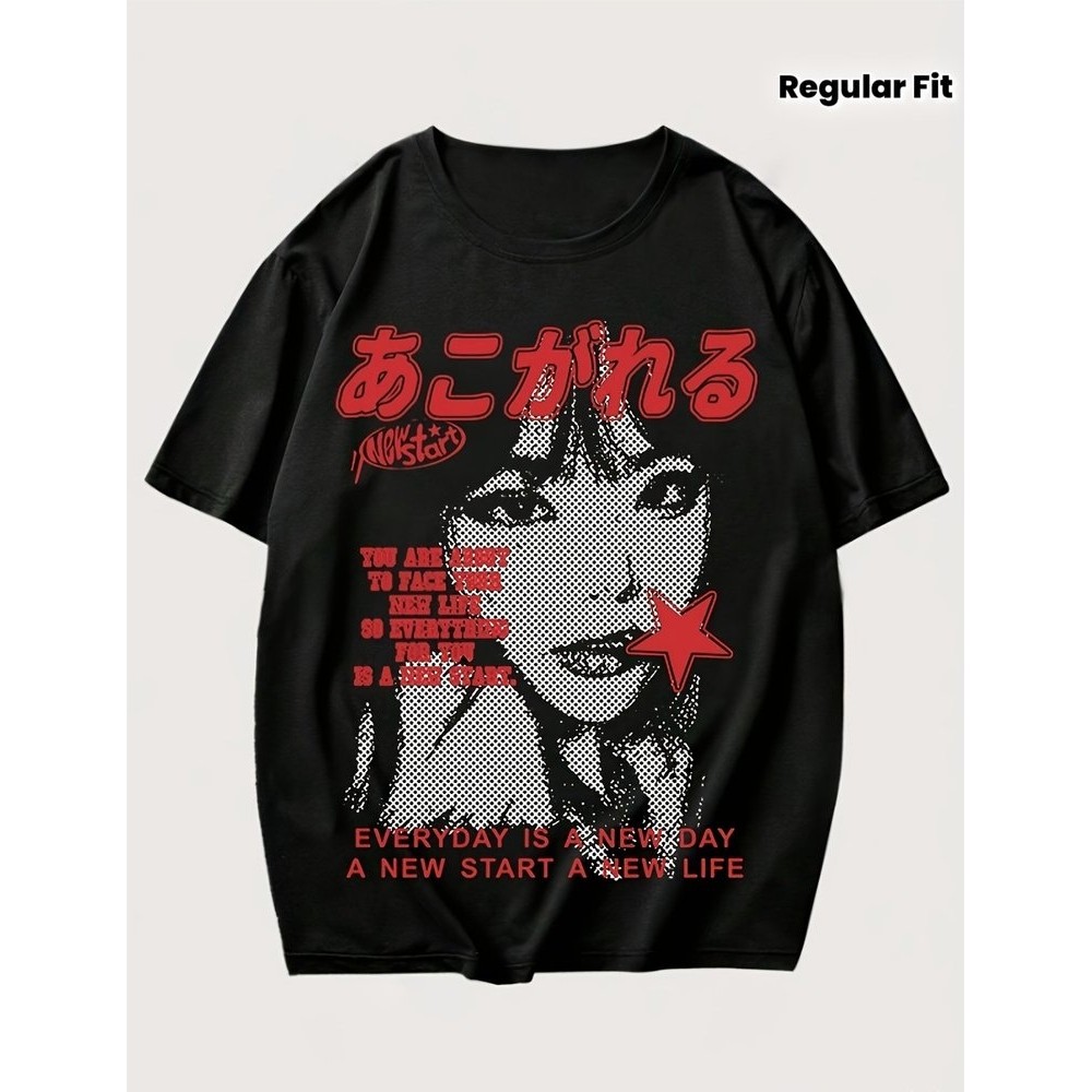 เสื้อยืดแขนสั้นสไตล์ Y2K พิมพ์ลายสโลแกนหรือภาพ, คอกลมยางยืด, ผ้าถักเนื้อผ้ายืดหยุ่นเล็กน้อย, ทรงเข้ารูปปกติ เหมาะสำหรับฤ